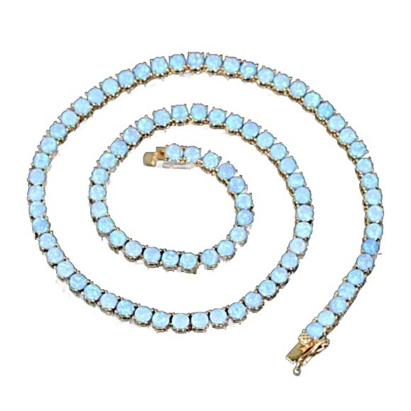 Shimmering Simulated Blue or White Opal Tennis 18K Gold Plated Necklace 16" - Picture 8 of 9